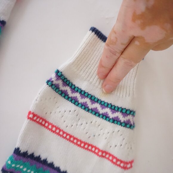 Vintage Accordéon White Knit Multicolour Striped Button Cardigan Eclectic M - Picture 9 of 10